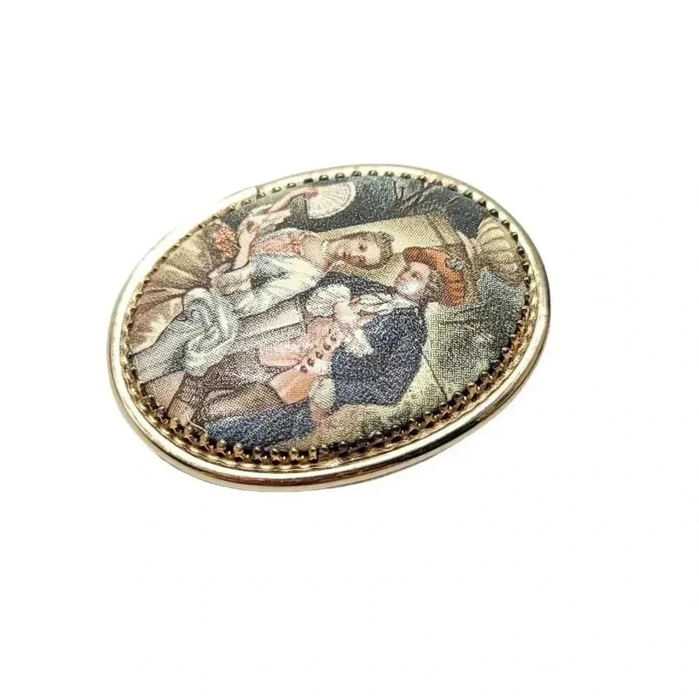 Whiting and Davis Hand Painted 18th Century Georgian Scene Gold Tone Brooch